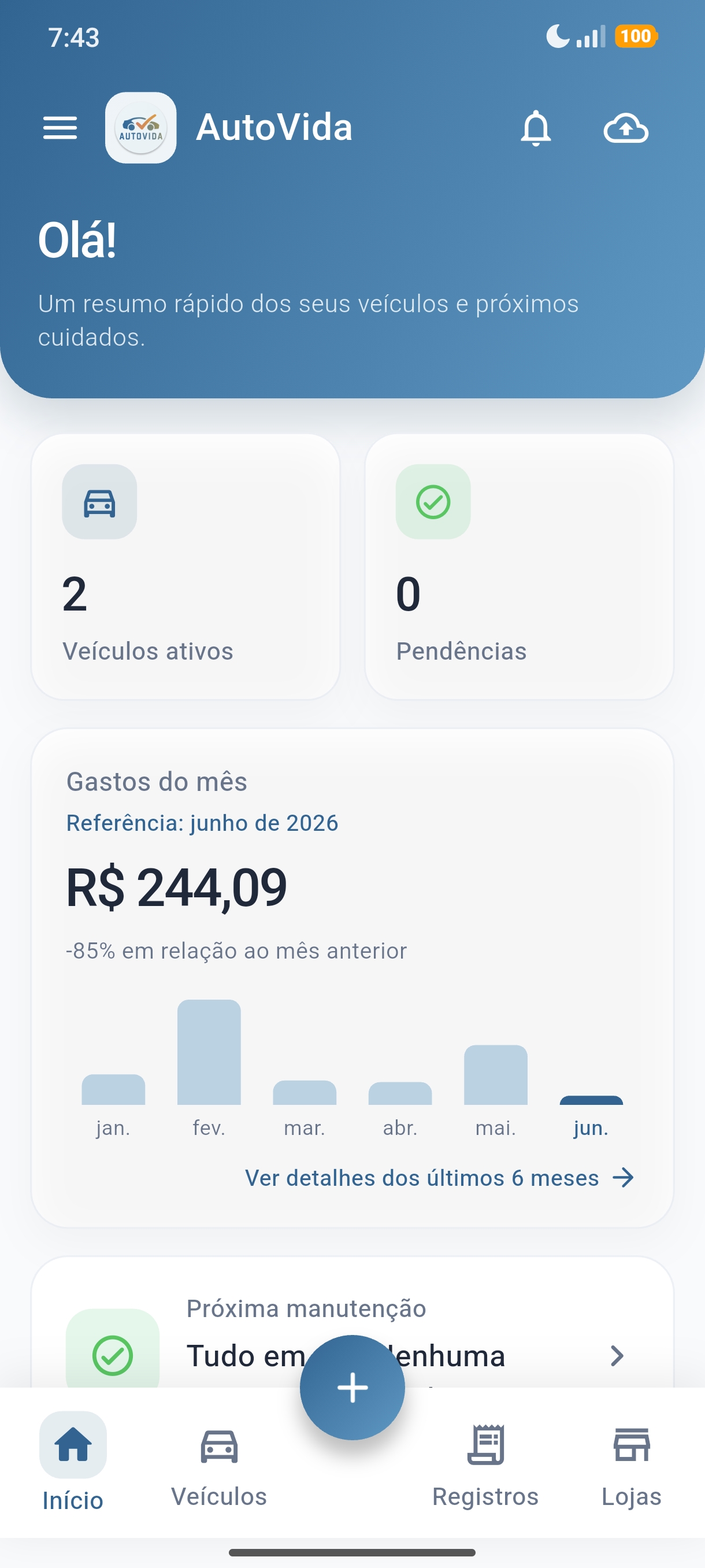 Tela inicial atual do AutoVida com resumo dos veículos, gastos e pendências